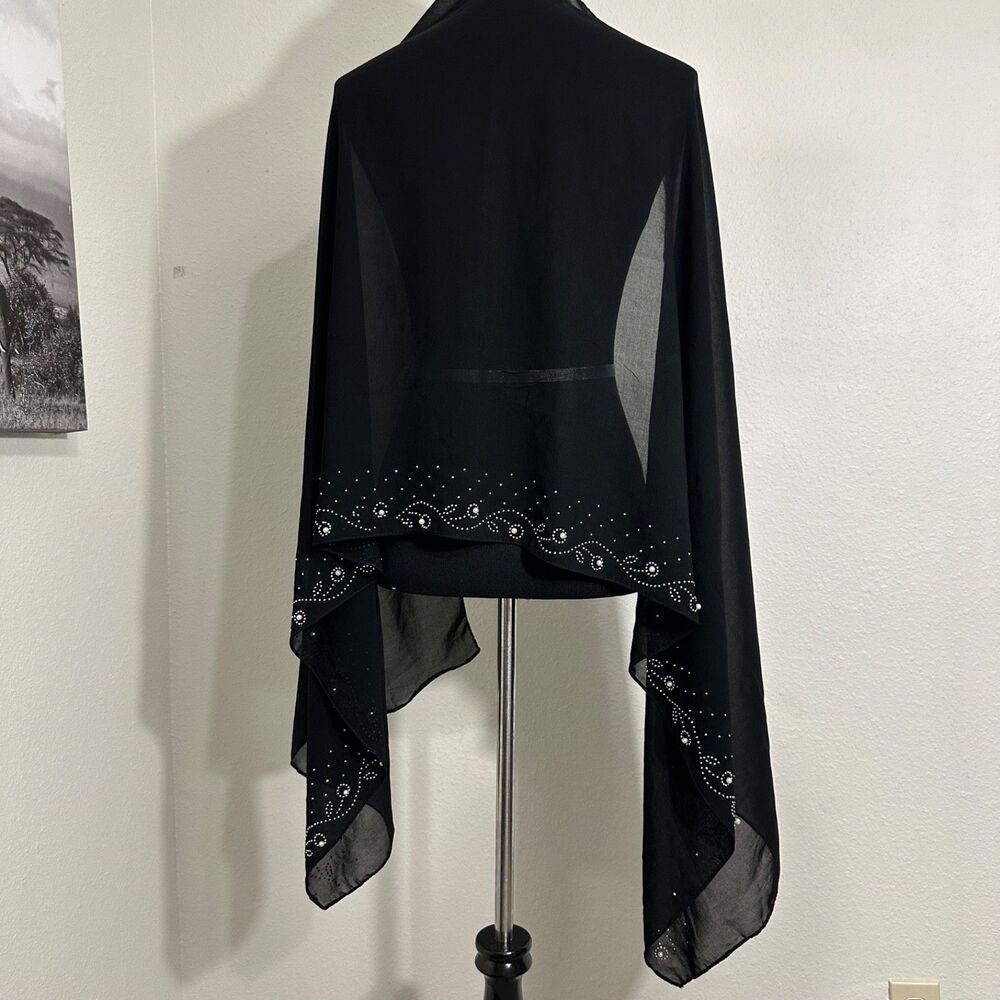 Jessica McClintock Black Sheer Chiffon Shawl Wrap Rhinestone Pearl Accent Vintag